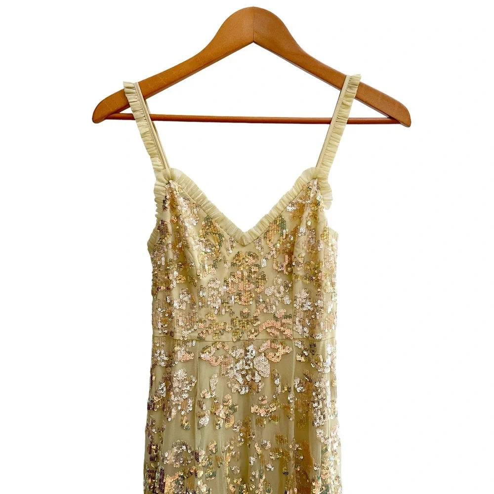 NEEDLE & THREAD Valentina Yellow Tulle Lace Sequin Ruffle Gown Maxi Dress 4 - Picture 4 of 12